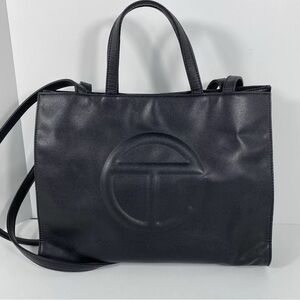 Telfar Black Leather Medium Tote with Embossed Logo